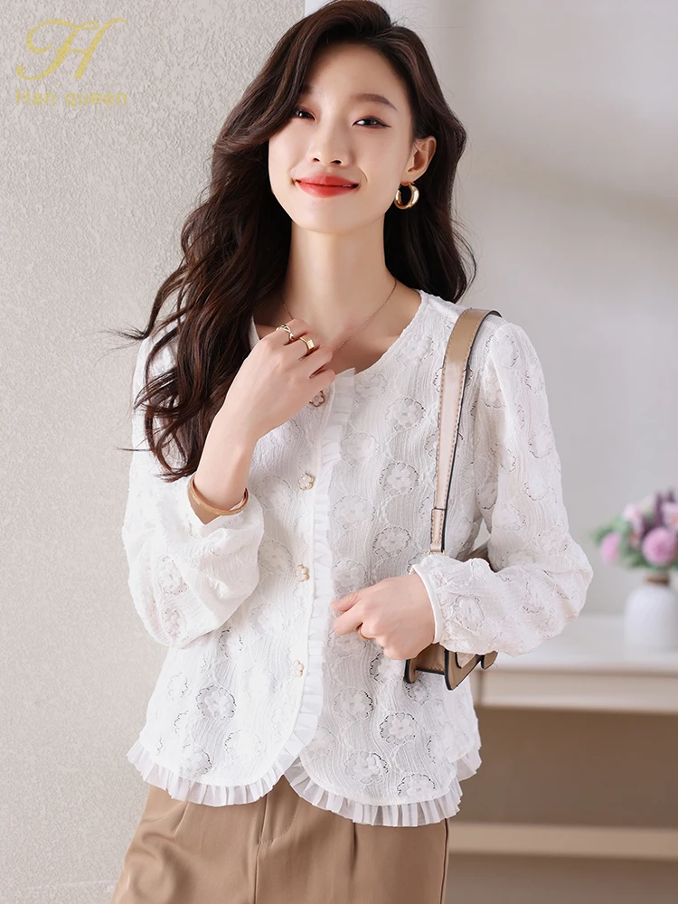 

Новое поступление, кружевные рубашки H Han Queen, женская блузка, винтажные повседневные топы для работы, шифоновая блузка с бантом, элегантные с...