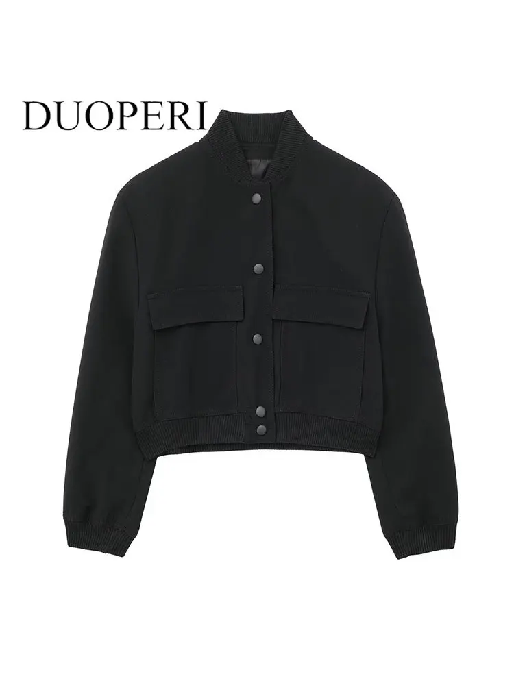 

Куртка-бомбер DUOPERI женская с карманами, модная однобортная винтажная шикарная одежда с круглым вырезом и длинным рукавом, черный цвет