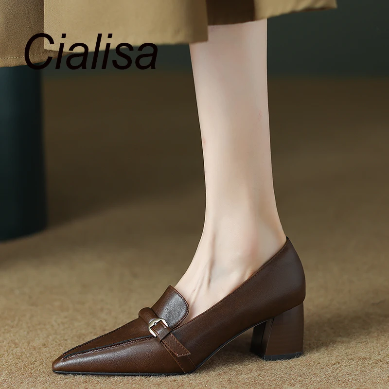 

Cialisa Real Leather Shoes For Women Autumn New Arrival Pointed Toe Dress Pumps Slip-On 5.5cm High Heels Lady Footwear Brown 40