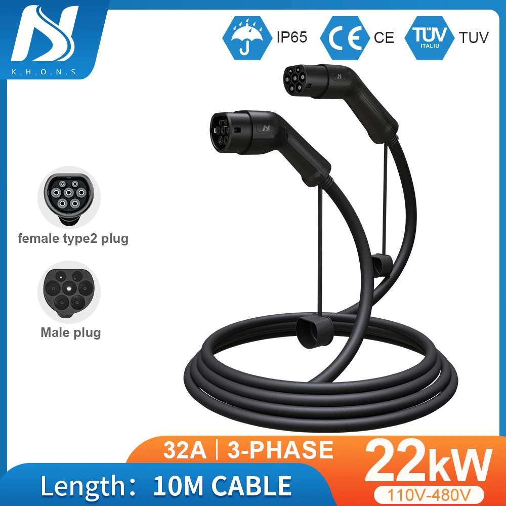 

Khons Electric Vehicle Charging Cable Three-Phase Electric Vehicle Charger 16A 32A type2 Female Plug To Male Plug Length 10m