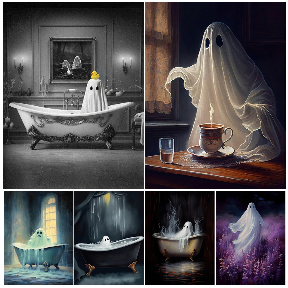 

Dark Romantic Ghost In The Bath Tub Vintage Wall Art Canvas Painting Horror Spooky Cute Bubble Bath Ghost Art Poster Print Decor