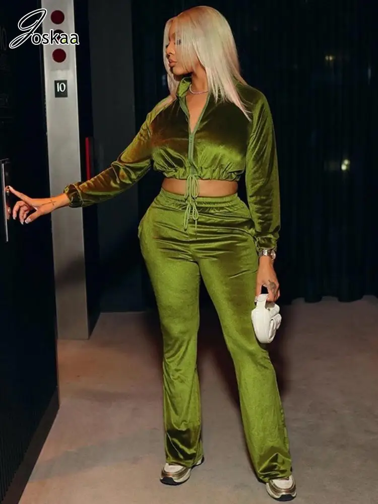 

Joskaa Casual Velvet 2 Piece Set Women Solid Drawstring Long Sleeve Zip-Up Tops and Flared Pants Matching 2024 Spring Tracksuits