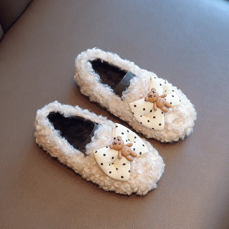 

Girl's Loafers Winter Furry Bear Bowknot Leisure Children Flat Shoes Slip-on Three Colors 23-36 Warm Shallow Kids Casual Shoes