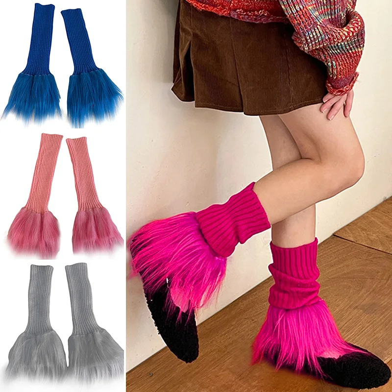 

Women Flared Knee High Knit Leg Warmers Solid Color Plush Patchwork Long Socks Autumn Leg Covers Fur Trim Y2k Pile Up Stockings
