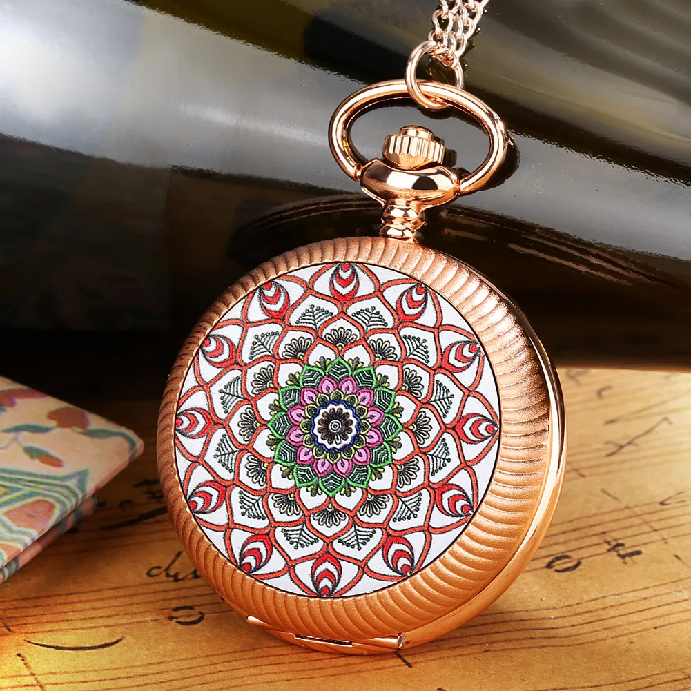 

Red Flower Turntable Rose Gold Case Pocket Watch Fashion Pendant Quartz Pocket Watches Necklace Arabic Numeral White Dial Clocks