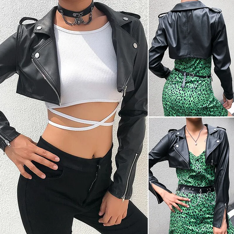 

NEW-Street Motorcycle Faux Leather Jacket Women Zipper Cropped Jacket Coat Outerwear Autumn Basic Jackets Ladies Cardigan