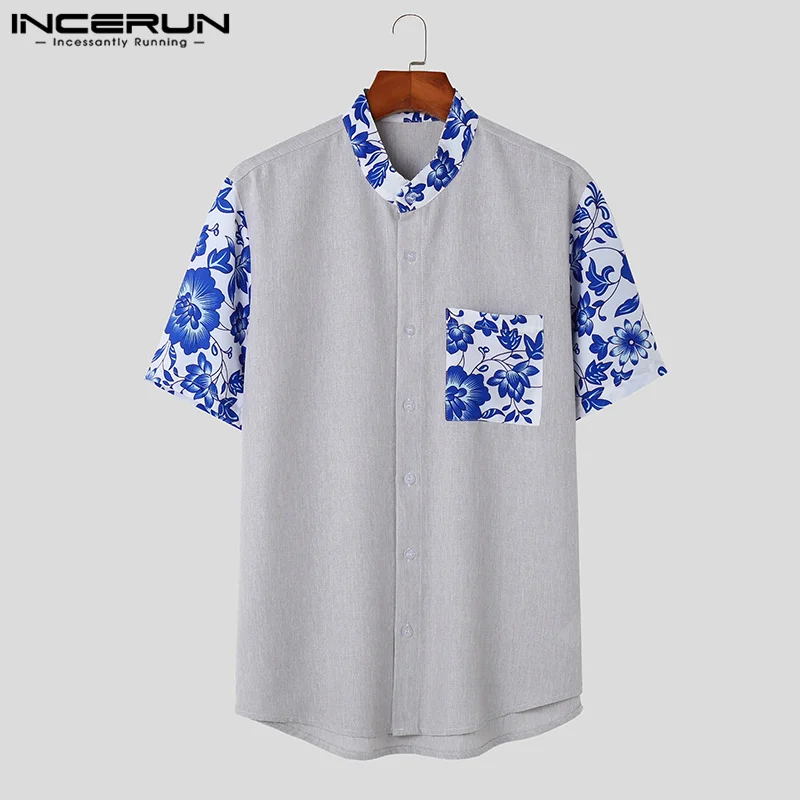 

INCERUN Tios 2023 Korean Style New Mens Plant Printed Patchwork Shirts Casual Summer Hot Selling Male Short Sleeved Blouse S-5XL