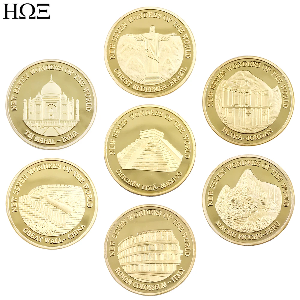 

Seven Wonders of The World Gold Plated Medallions Decorative Coins Crafts Gold Coins Collection Challenge Coins Gifts