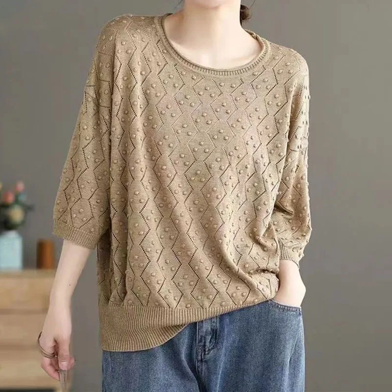 Женский Однотонный пуловер с полурукавами повседневный винтажный круглым