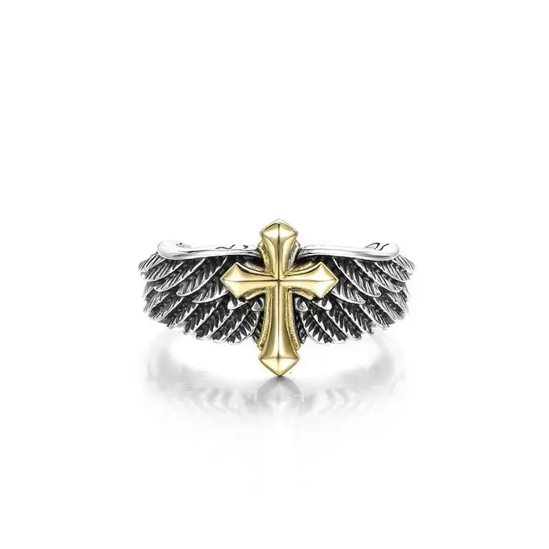 

European and American Archangel Cross S925 Silver Ring Unisex Personality Jewelry Small Open Adjustable Lover Ring
