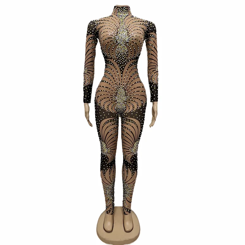 

Sparkly Gold AB Rhinestone Transparent Jumpsuit Evening Birthday Celebrate Bodysuit Costume Pattern Dancer Outfit taiyanghua