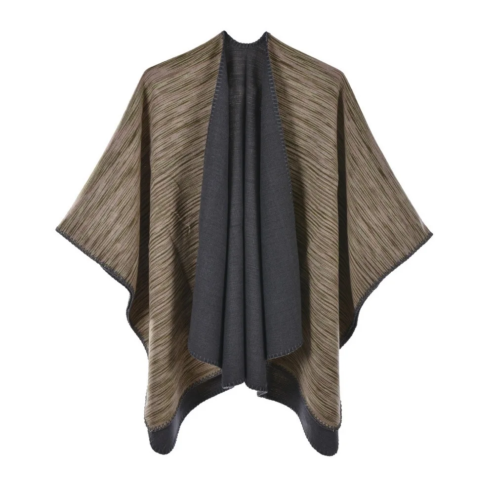 

Women's Knitting Double-sided Shawl Irregular Stripes Autumn Winter Fashion Street Poncho Lady Capes Khaki Cloaks