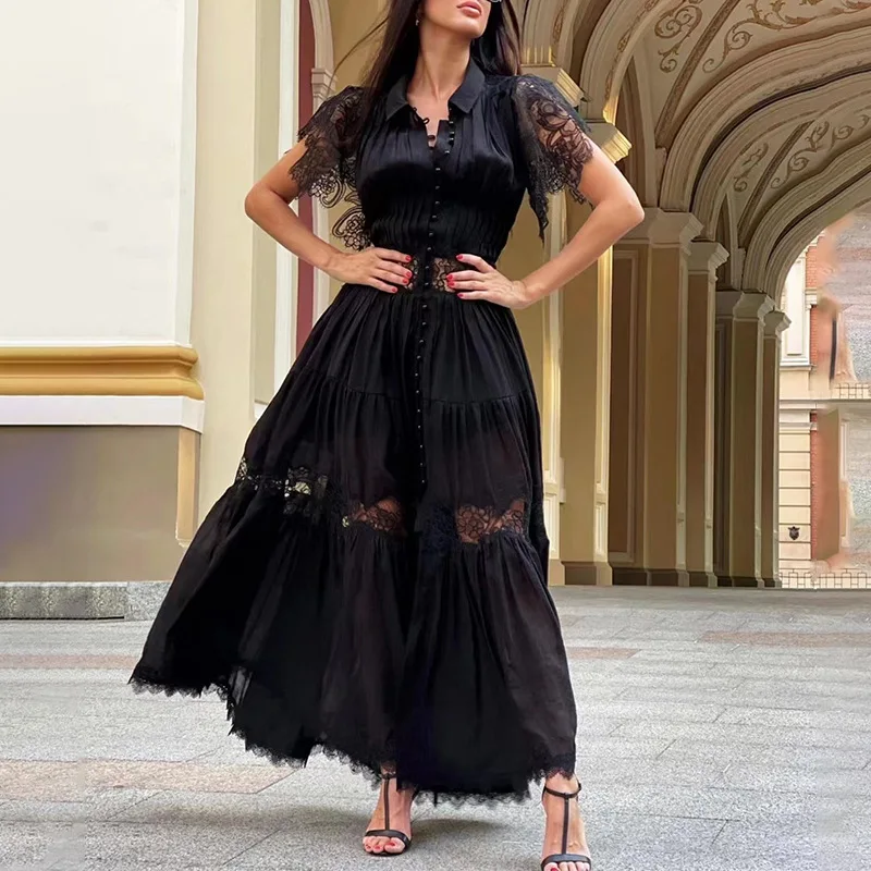 

2023 New Elegant Style Women Midi Dress Floral Lace Dress Turn Down Collor Buttons Stitched Female Big Hem Dress