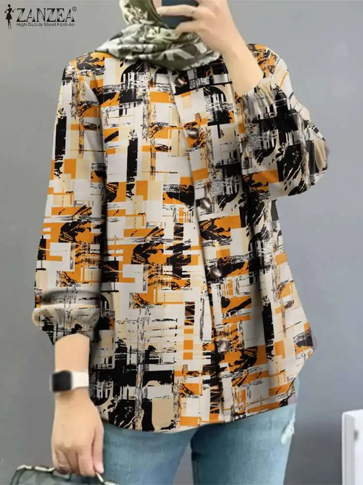 

Женская винтажная блузка ZANZEA с принтом в мусульманском стиле, модные женские топы с круглым вырезом, элегантная Турецкая хиджаб, мусульманская одежда 2023