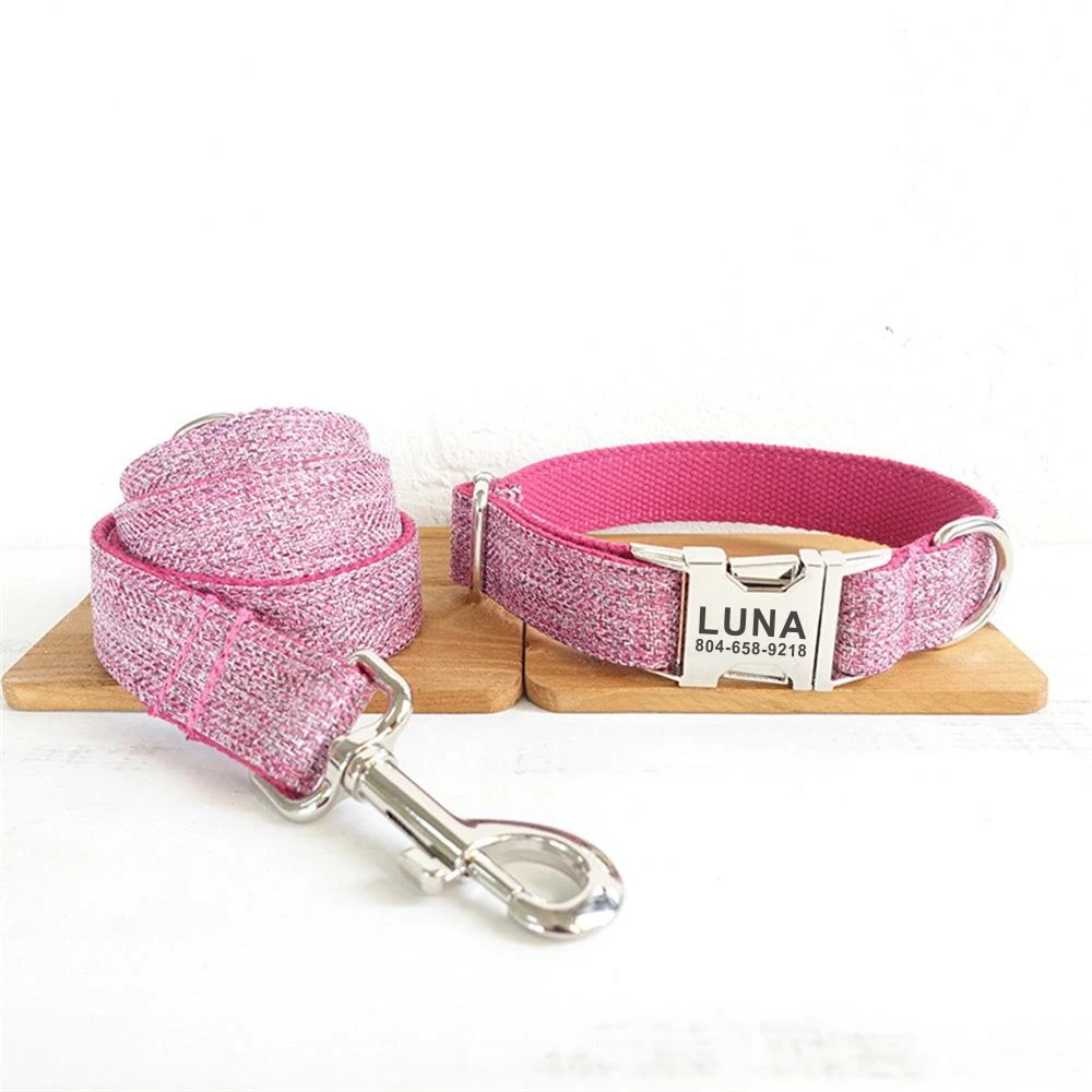 Personalized Dog Collar Custom Pet Collar Free Engraving ID Name Tag Pet Accessory Pink Suit Fiber Puppy Collar Leash