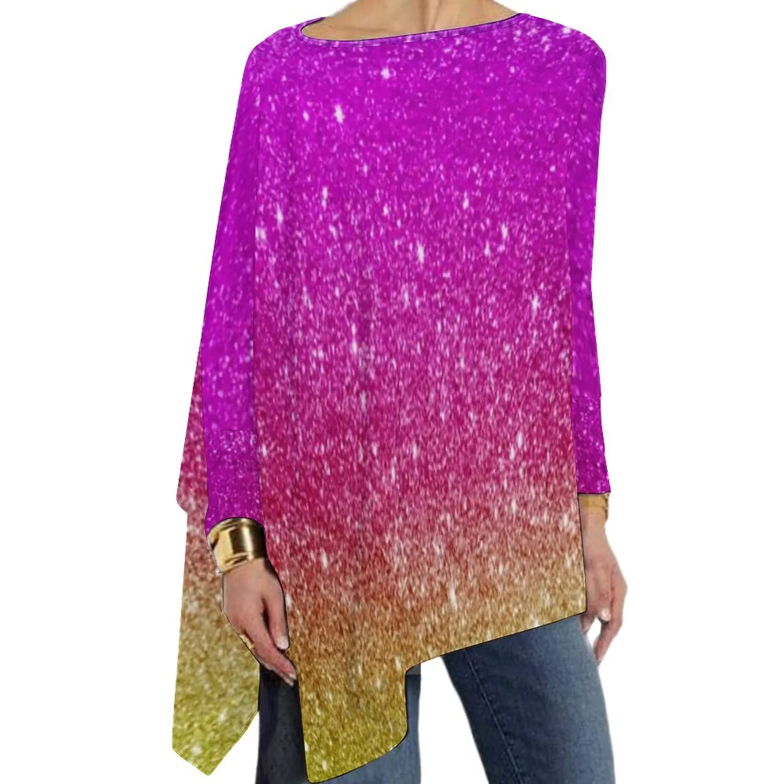 

Sparkle Rainbow T Shirt Glitter Stripes Elegant Long Sleeve T-Shirts Women Korean Fashion Tshirt Oversized Pattern Clothing