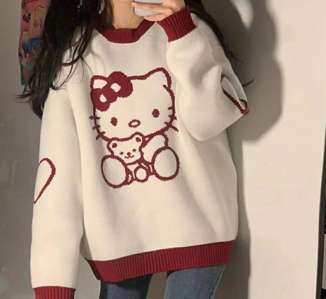 

Новинка, милый мультяшный Модный пуловер Sanrio в Корейском стиле на осень и зиму, свободный свитер для девушек, трикотажная одежда с длинными ...