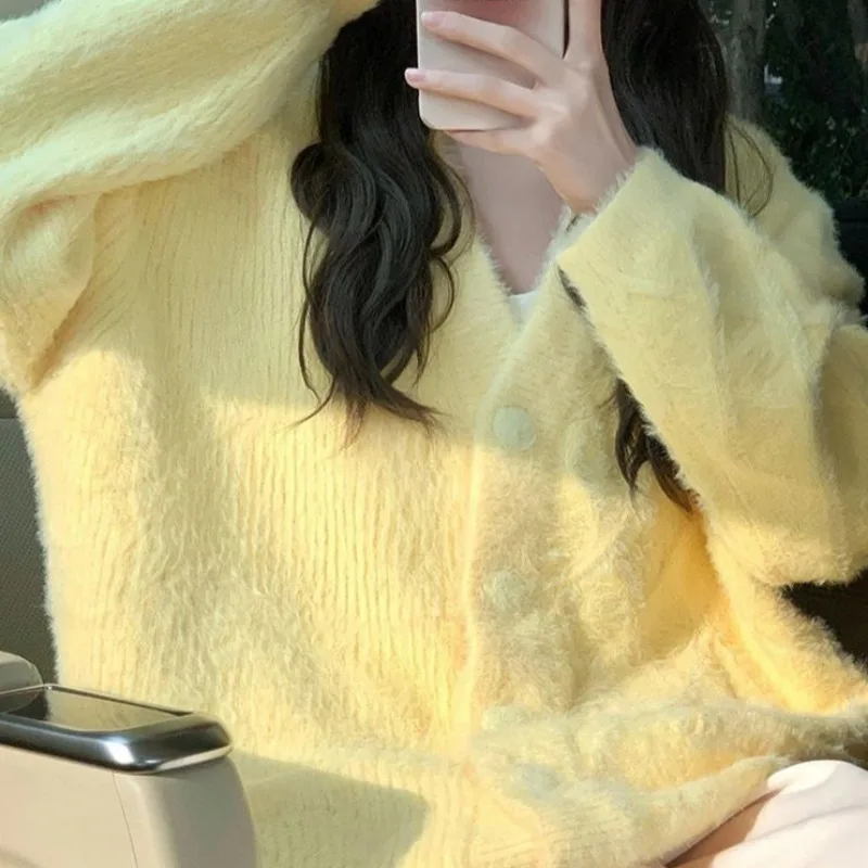 Желтый свитер в стиле преппи жакет из полиэстера милый мягкий вязаный кардиган с