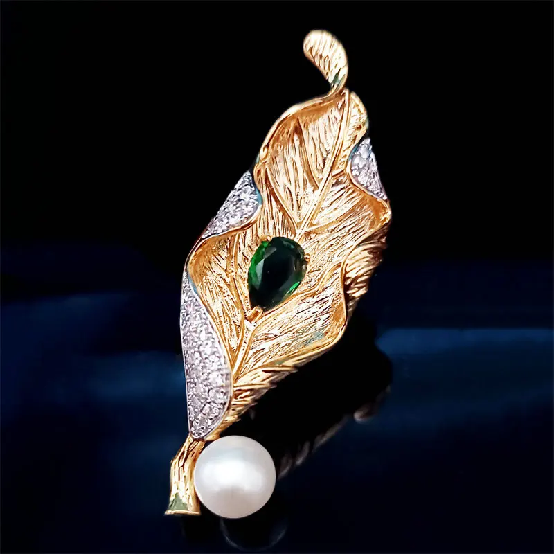 

SINZRY бриллиантовый Фианит, натуральный пресноводный жемчуг, Золотая брошь в форме листка, женский аксессуар для ювелирных изделий