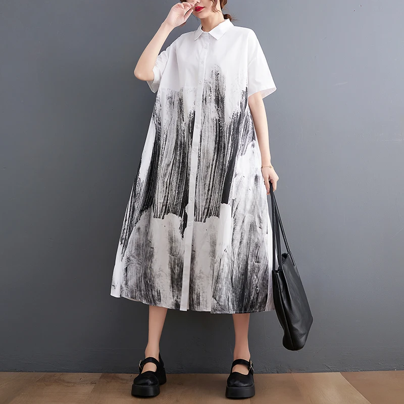 Женское платье-блуза с принтом, повседневное свободное платье средней длины в японском стиле с принтом в виде краски на завязках, лето 2023