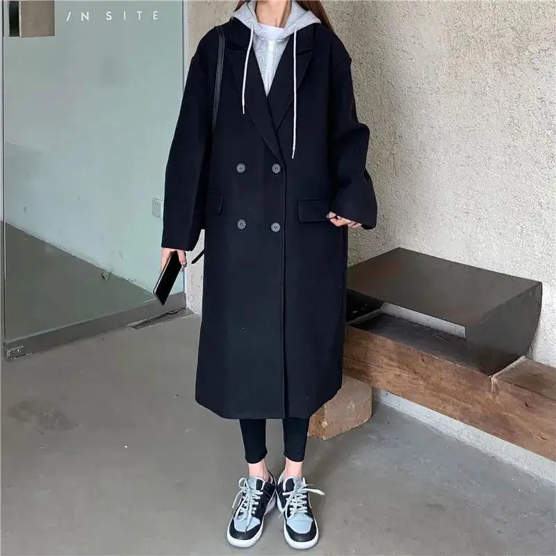 

Fake Two Piece Woolen Coat 2021 Winter Korean Version Loose Medium Length Splicing Hooded Thickened Woolen Coat Women's Wear