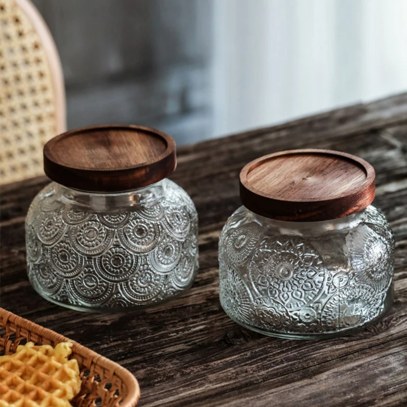 

Vintage Wooden Lid Sealed Glass Jar Food Grade Kitchen Grain Subpackage Household Storage Tank Candy Dried Fruit Storage Tank