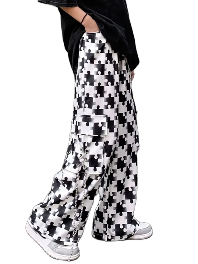 

Retro Casual Pants 2022 Summer New Puzzle Print Loose Cargo Pants Chain Decorative Wide Leg Pants Fashion Women's Clothing