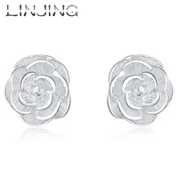 linjing new 925 sterling silver rose flower stud earrings for women fashion wedding engagement jewelry
