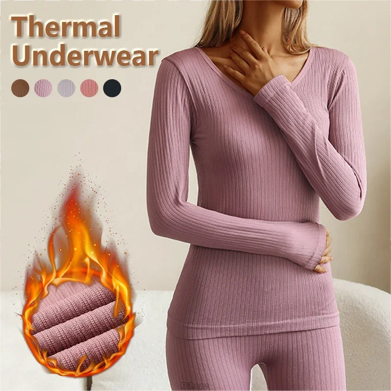 

Women Thermal Underwear Winter Long Sleeve Bottoming Top Seamless Thick Double Layer Warm Lingerie Woman 2 Pcs Set Sleepwear