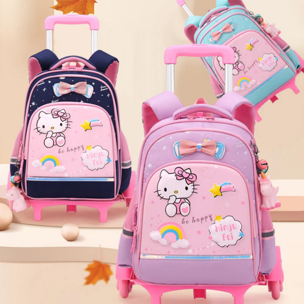 Сумка на колесиках Hello Kitty Kawaii для детей школьный ранец с аниме Sanrios вместительная