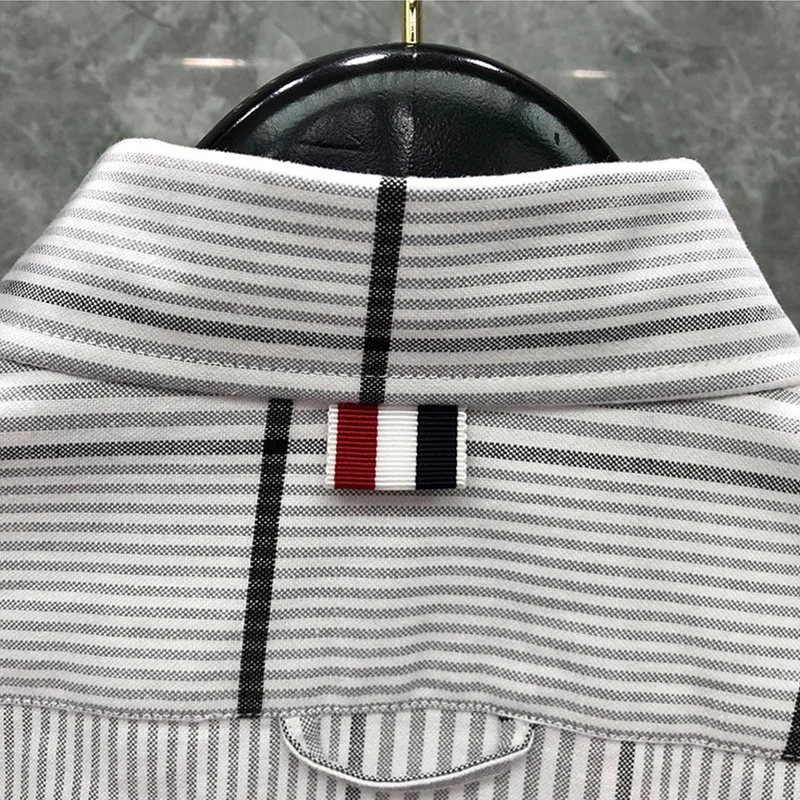 THOM Spring Autumn Fashion Brand Men's Gray Plaid Ribbon Armband Stripe Cotton Oxford Casual Wholesale TB Shirt