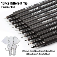 10pcs different micron tip set art marker fineliner pen brush black ink pigment liner for manga comics drawing sketch drafting