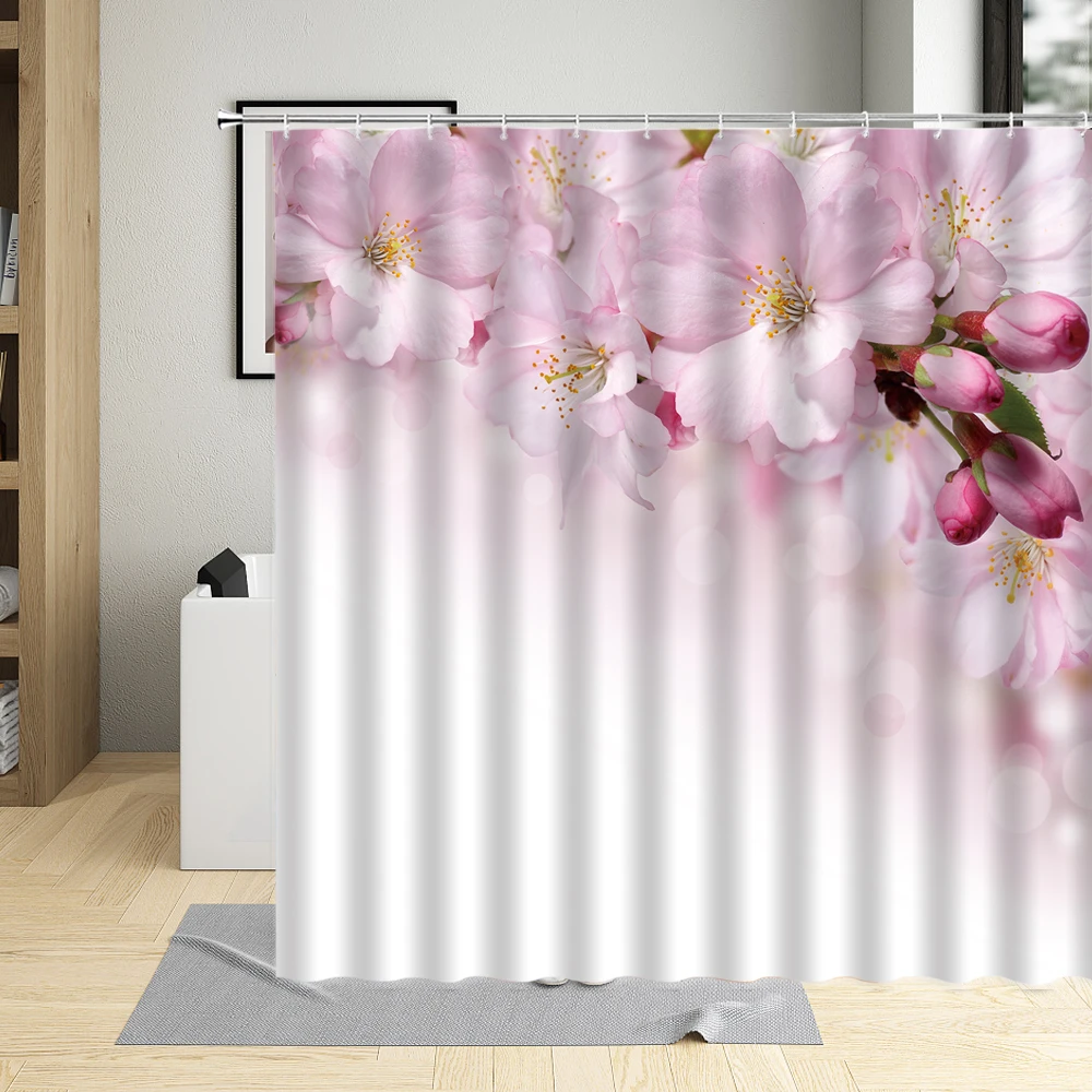 

Цветущий персиковый цвет розовая занавеска для душа цветочное растение искусство домашний декор водонепроницаемая ткань шторы с крючками для ванной