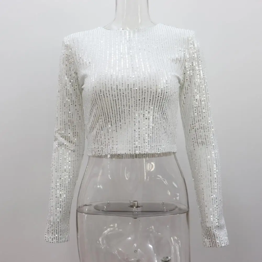Женский топ с пайетками украшенный укороченный длинными рукавами для женщин