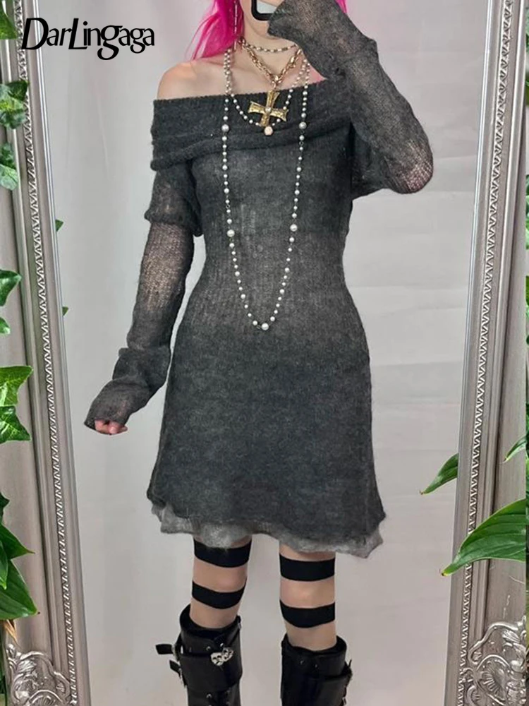 

Darlingaga Grunge Fairycore Off Shoulder Knitted Sweater Female Gothic Dark See Through Vintage Autumn Dresses Double Layer Y2K