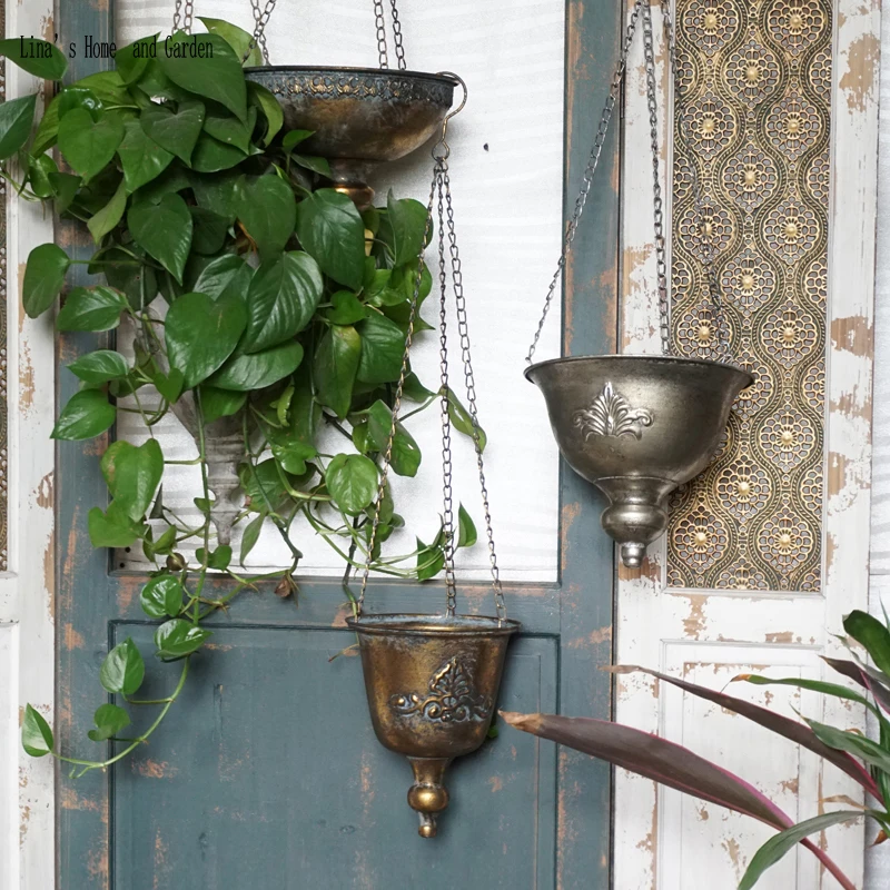 

handcrafted metal rustic antique hanging planter