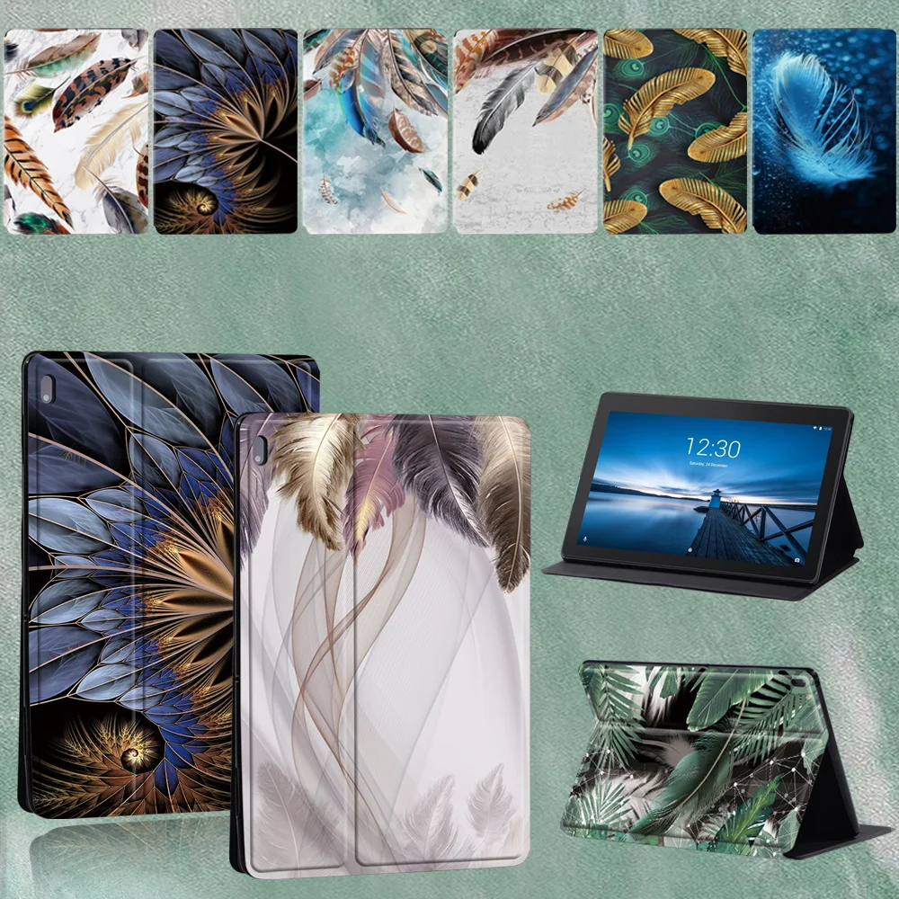 

For Lenovo Tab M8/Tab M7/Tab M10 HD 2nd Feather Print Folding Stand Tablet Case for Tab M10 Plus/Tab M10 10.1"/Tab E10 10.1"