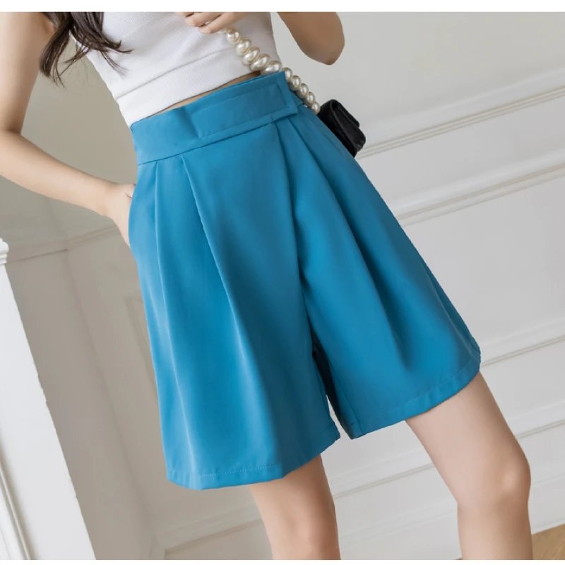 

Pants Blue Loose Bermuda Wide Leg Shorts Womens 2022 High Waist Summer Knee Length Work Suit Short Trousers Half Female Black