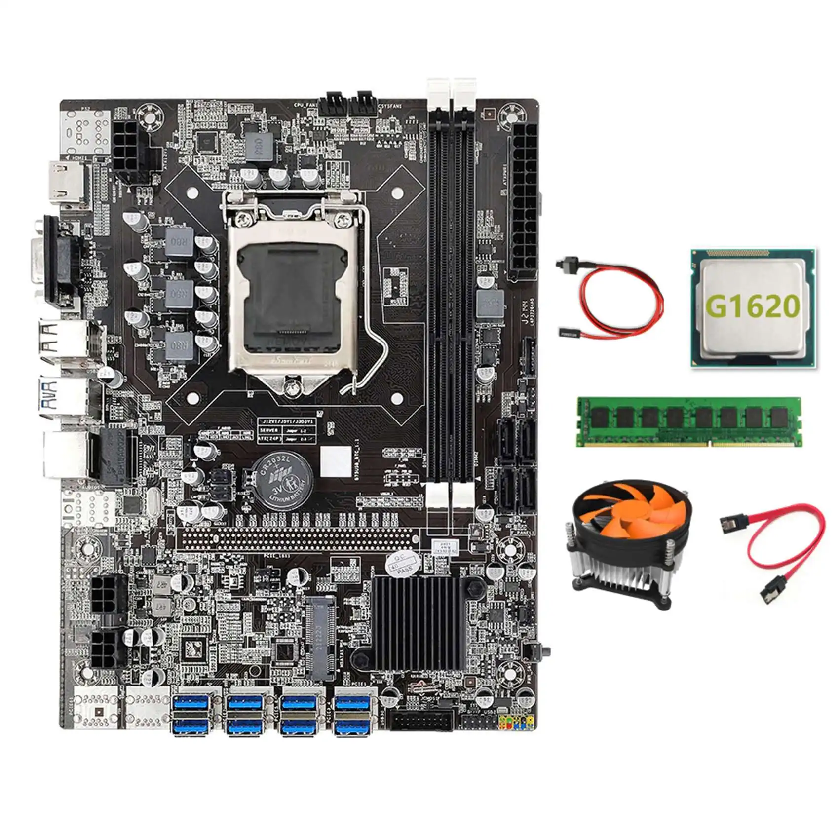 

B75 BTC Miner Motherboard 8XUSB+G1620 CPU+DDR3 4G 1333Mhz RAM+CPU Cooling Fan+Switch Cable+SATA Cable USB Motherboard