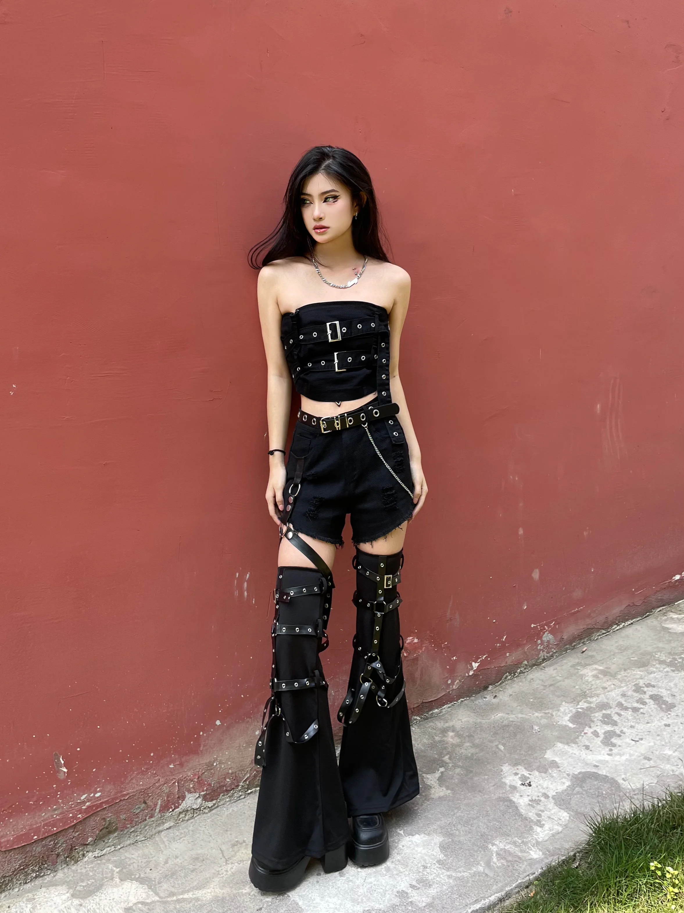 Женские джинсы в стиле панк Y2k Pans леггинсы с пряжкой и заклепками цепочкой