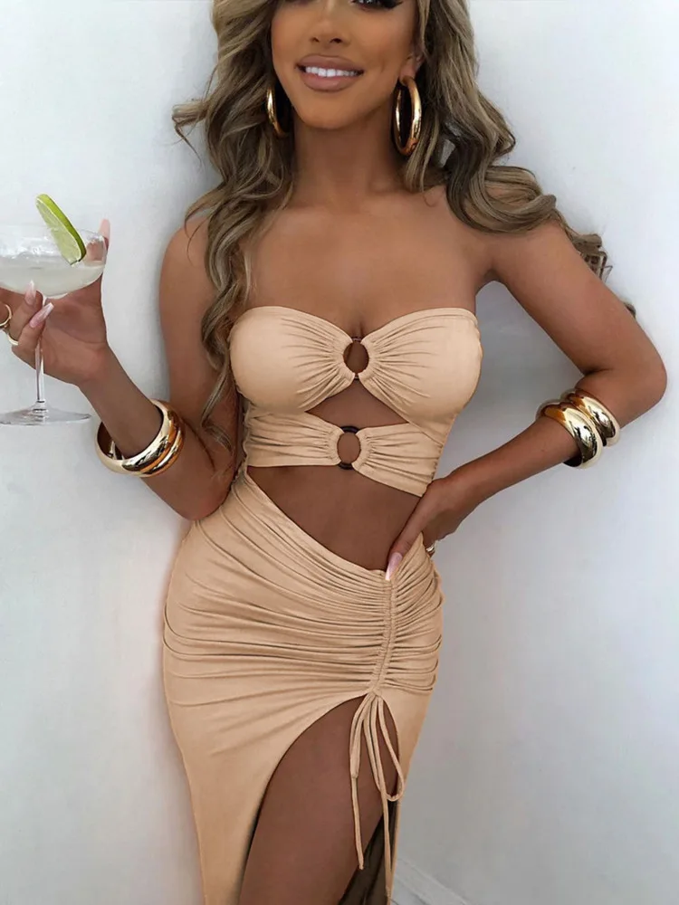 

Mozision Sexy Strapless Hollow Out Drawstring Women Dress Backless High Slit Ruched Dress Ladies Summer Slim Party Clubwear