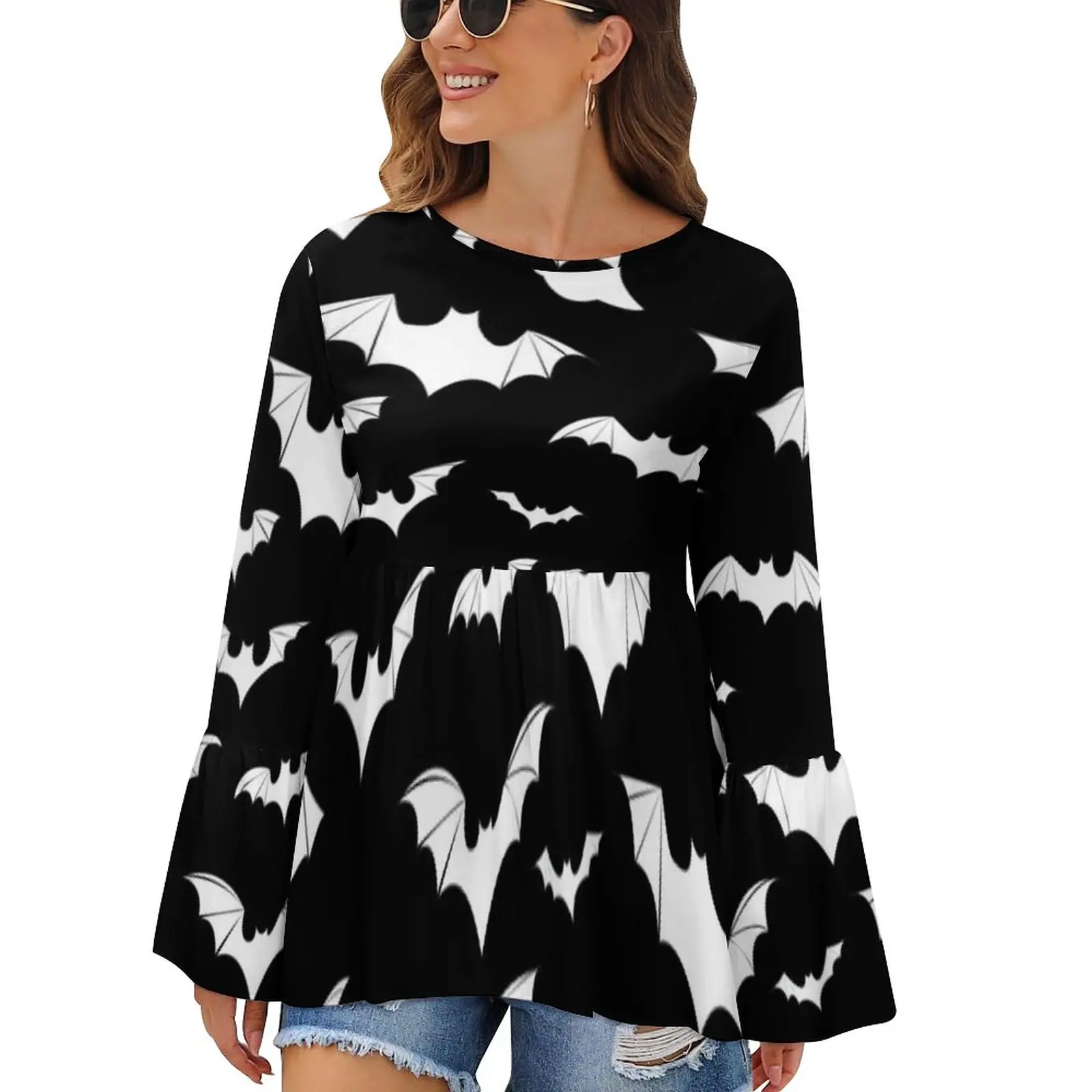 

Женская блузка с длинным рукавом и принтом летучая мышь