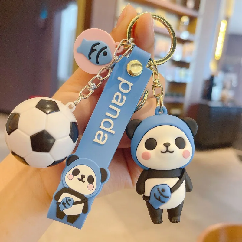 

Lovely cartoon little panda doll soft rubber key chain gift couple pendant with small football, suitable for boys and girls