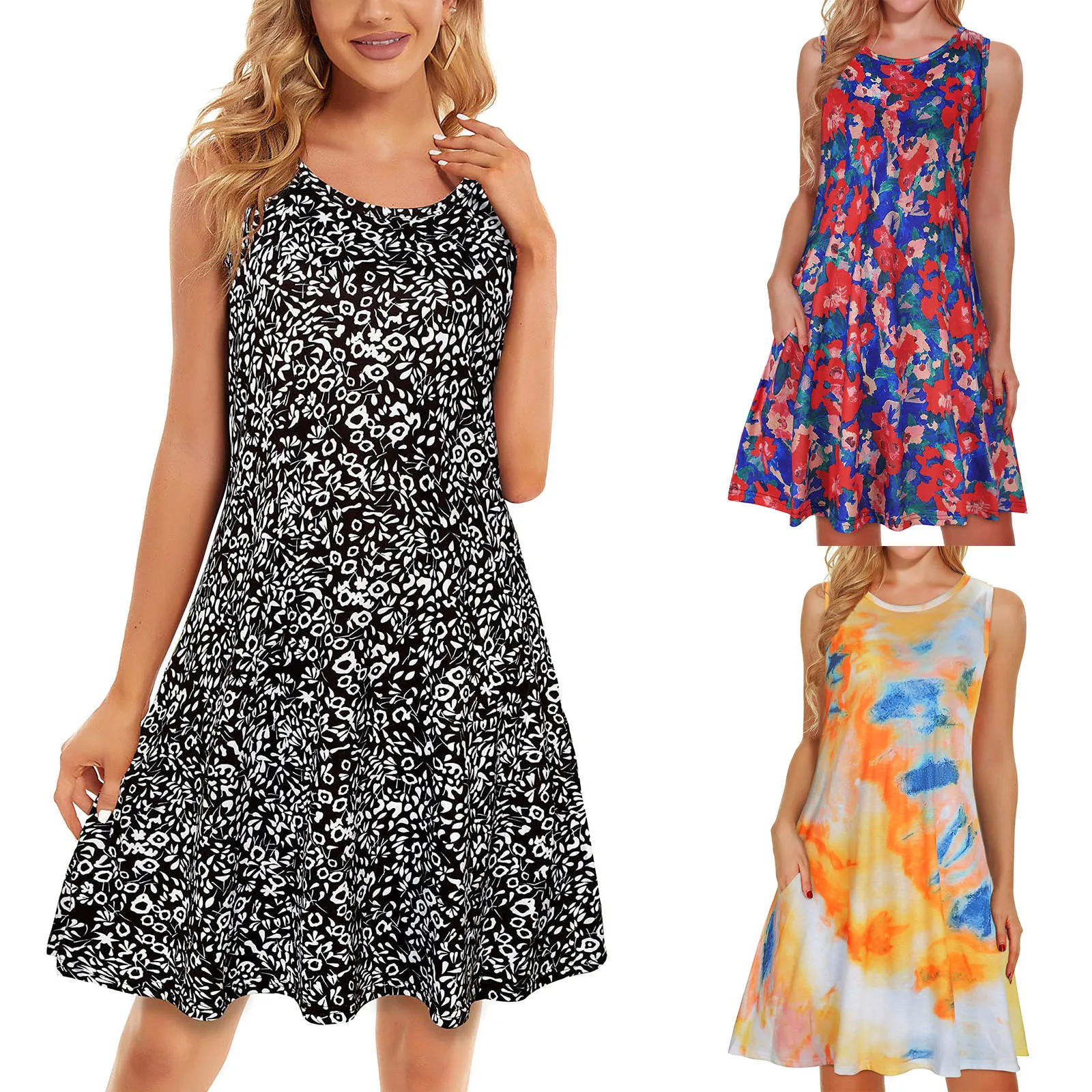 

Женское повседневное свободное Платье с карманами, длиной до колена, без рукавов, с круглым вырезом и принтом, Женское Платье, Женское Плать...