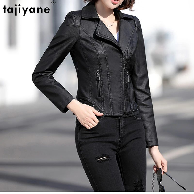 Tajiyane Sheepskin Genuine Leather Jacket Motorcycle Women's Leather Jacket Spring Short Coats Black Slim Jackets Chaquetas Sq