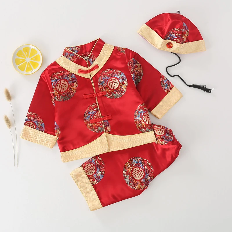 2022 Baby Tang Suit New Year 3-Piece Set for Baby One Year Old Full Moon Dress Birthday Party Exquisite Jacquard Embroidery