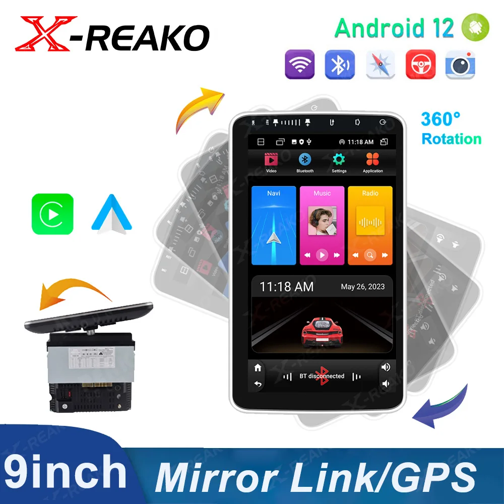 

X-REAKO 2+32G 1 Din CarPlay Android-Auto 9" Screen 360 Rotatable Car Radio Stereo DSP RDS WIFI GPS Car Multimedia Player Unit