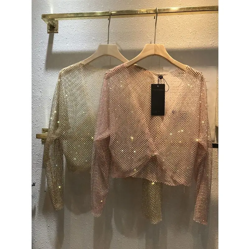 Женская рубашка из ярко-Красной сетки с бриллиантами яркая элегантная