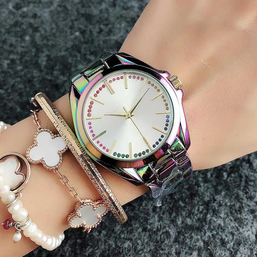 Brand Wrist Watches Women Girl Ladies Colorful Crystal Style Quartz Casual Steel Metal Band Clock m100