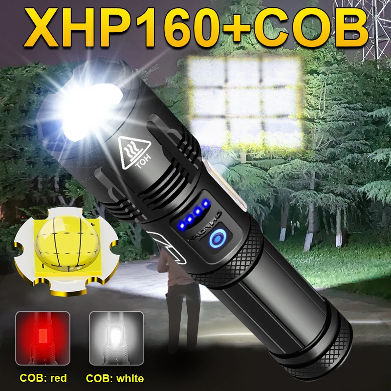 

Суперсветильник ный яркий фонарик XHP160 с COB матрицей, светодиодный фонарь высокой мощности, перезаряжаемый тактический фонарь для кемпинга, ...